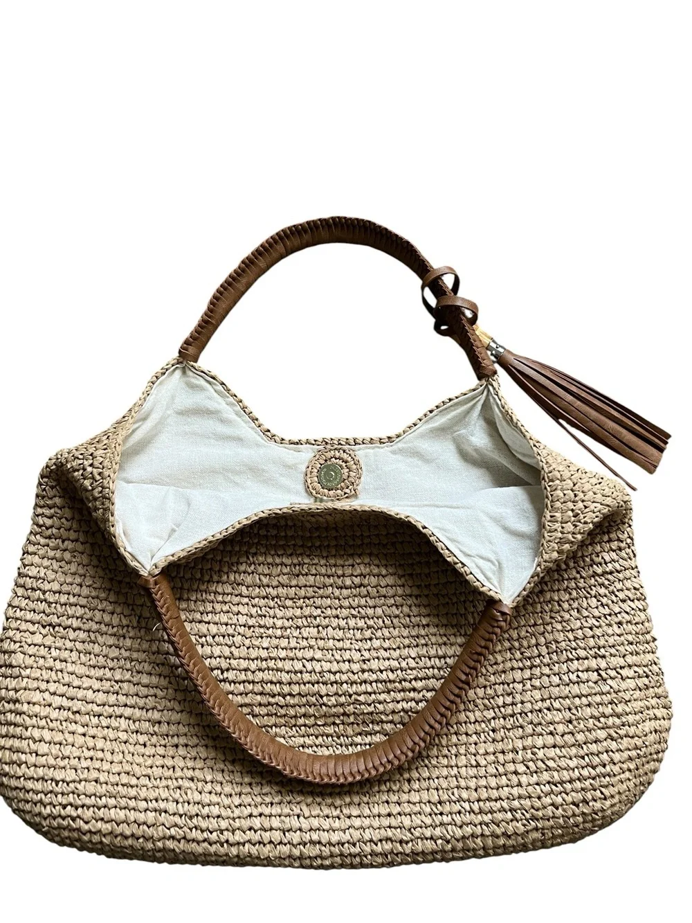 Tommy Bahama tan raffia straw hobo tote bag with linen lining